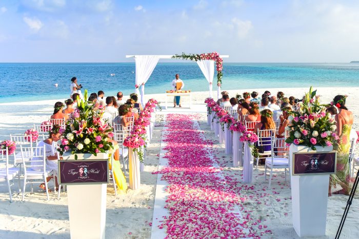 A seaside wedding with a rose walkway